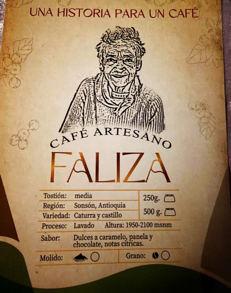 Etiqueta frontal del empaque Faliza con ficha técnica del café